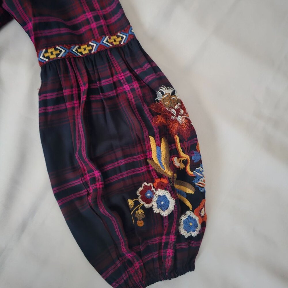 Time For Me Plaid Embroidered Floral Balloon Sleeve V-Neck Blouse Women's Small - Picture 8 of 15